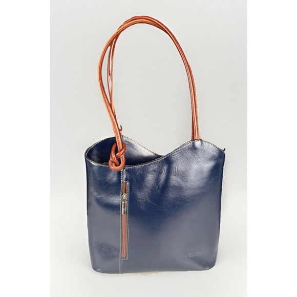 Vera Pelle Handbags - Vera Pelle Genuine Leather Solo Perche Backpack Purse Navy W/Brown Made In Italy